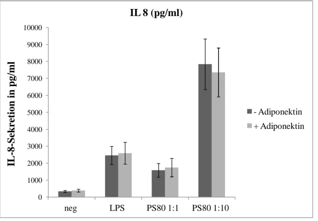Abbildung  5:  Konzentration  von  IL-8  in  pg/ml  im  Zellüberstand  von  neutrophilen  Granulozyten  ohne  Adiponektin-Zugabe  (- Adiponektin)  und  unter  Stimulierung  mit  0,5  µg/ml fAd (+ Adiponektin)