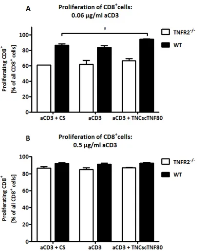 Figure 8: Impact of TNCscTNF80 on proliferation of CD8 +  cells from WT and TNFR2 -/- -/-mice