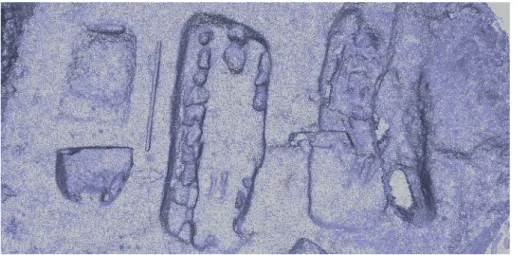 Abb. 7 Cham-Klostermatt ZG, Schweiz, Grabgruppe des 9. Jahrhunderts: vermaschtes 3D-Modell (mesh), der sich abzeichnende Nordpfeil ist 4 mm stark.
