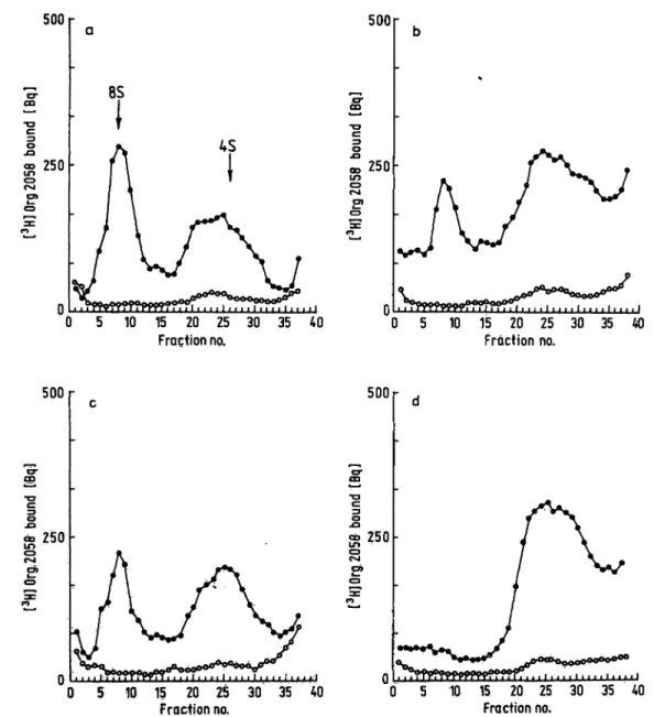 Fig. 6. Sucrose density gradient analysis of [ 3 H]Org2058 binding protein complexes on 10-35% linear sucrose density gradients under low galt conditions with (a, b) and without (c, d) sodium molybdate at different incubation temperatures (a, c 4°C;