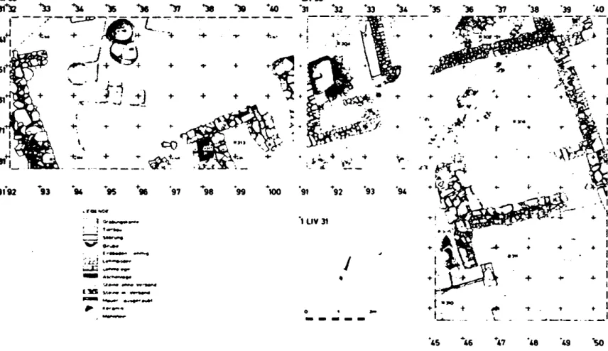 Abb.  3:  Ausschnitt  eines  Grabungsfeldes  in  der  U nterburg  von  Tiryns  mit  verschiedenen  Gebäuderesten,  F u ß b ö d en   und  Hofflächen