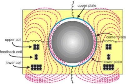Figure 1.5.: Principle of superconductive gravimeters: the section view shows coils and sphere with magnetic flux lines, from [13].