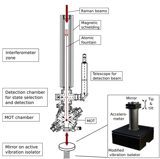 Figure 3.2.: Section view of the vacuum chamber with different zones dedicated for MOT/launch, state selection/detection and interferometry