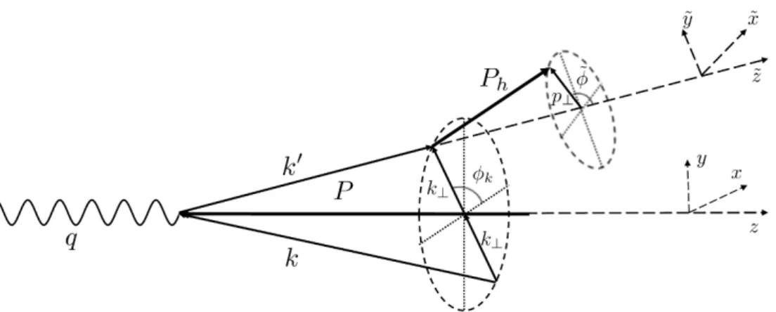 Figure 1. Kinematics of the process. q is the virtual photon, k and k 0 are the initial and struck quarks, k ⊥ is the quark transverse component