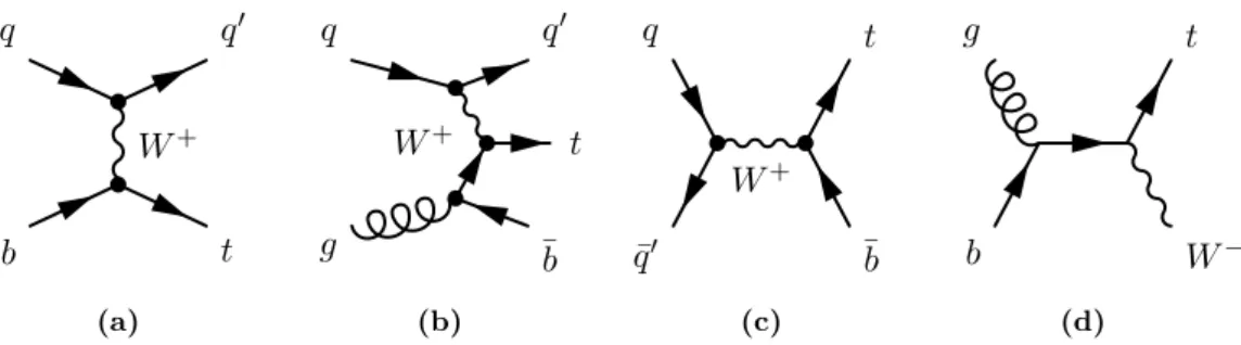 Figure 2.7.: Example Feynman diagrams of the leading order processes for single top production: t-channel production as (a) flavour excitation and (b) W  -gluon fusion, (c) s-channel production and (d) associated tW production.