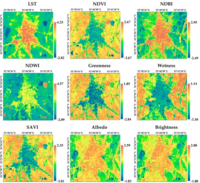 Figure 8. PC1 maps of LST and various surface biophysical parameters.