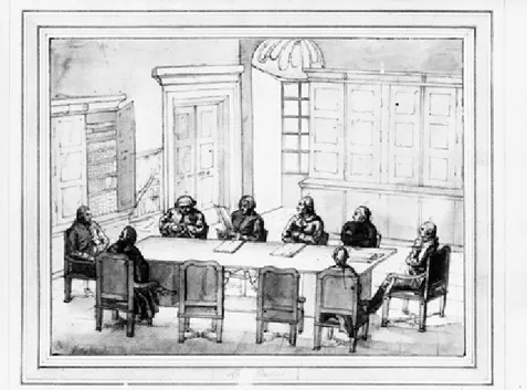 Abbildung 2: Eine Sitzung bei Gottfried van Swieten in der Camera praefecti. Zeichnung  von Adam Bartsch 