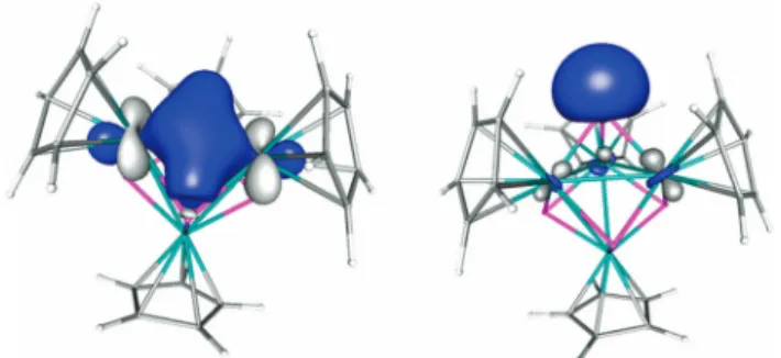 Fig. 2 Selected localized molecular orbitals representing the Mn–P bonding (left) and the lone pair of the phosphorus atoms (right) in [(CpMn) 4 (P) 4 ] (1) in singlet spin state