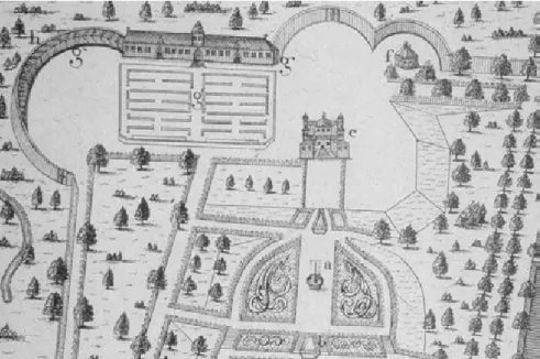 Abb. 8: Oberste Terrasse des Neuwerkgartens mit Orangerie und Amalienburg  Christian Fritzsch, Kupferstich, nach 1712 (Detail) 