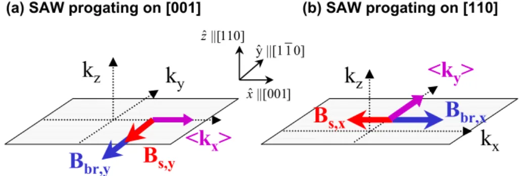 Figure 3.6: Effective magnetic field induced by the SAW fields during acous- acous-tic transport in (110) QWs along the (a) [001] and (b) [1¯ 10] directions.