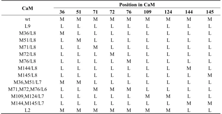 Table 1. Nomenclature of analyzed CaM-mut with Met (M) to Leu (L) substitutions [19]. 