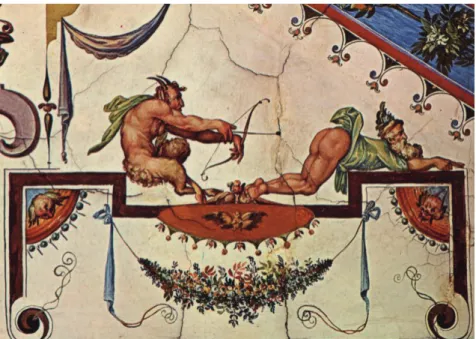 Abb. 10:  Giovanni Allori, Szene aus dem Ostkorridor der Uffizien (3. Obergeschoss),  Feld 25: Erotische Burleske mit einem bogenschießenden Satyr, 1581  