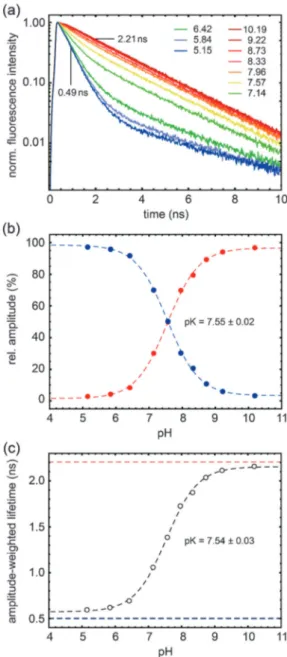 Fig. 2 Time-resolved fluorescence of PAc–SNARF as a function of pH.