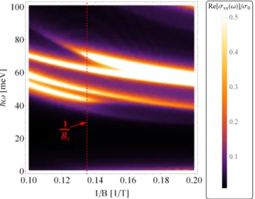 FIG. 8. (Color online) Real parts of the longitudinal magneto- magneto-optical conductivities σ xx (ω) and σ yy (ω) of a finite strip with width w = 200 nm, a magnetic field B = 5 T, and band parameters corresponding to a HgTe QW of thickness d = 7.0 nm wi
