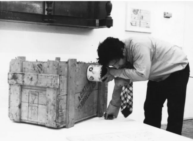 Fig. 11: Nam June Paik installing a reconstruction of Exposition of  Musik, in Für Augen und Ohren, Akademie der Künste Berlin, 1980, 
