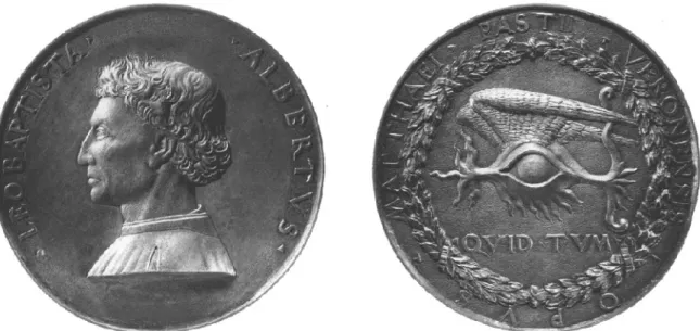 Abb. 3 a-b: Matteo de’ Pasti, Medaille des Leon Battista Alberti, um 1446/50, Bronze, ø 92,5 mm, Paris, Bibl