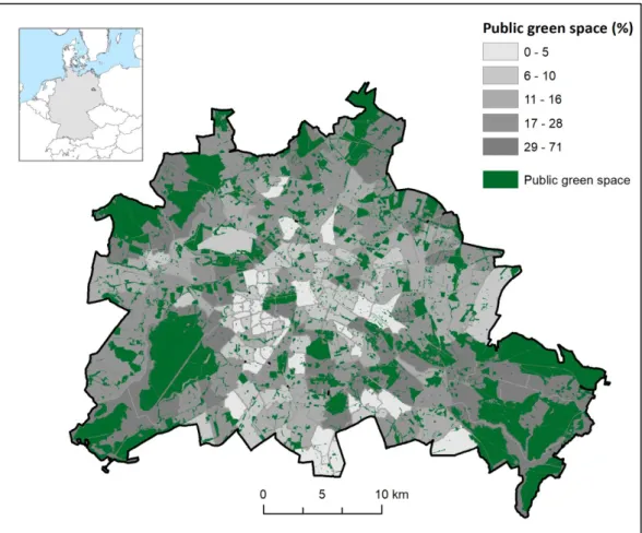 Abbildung 8: Spatial distribution of public urban green space in Berlin (quantiles)  Quelle: Eigene Darstellung (Nadja Kabisch) 