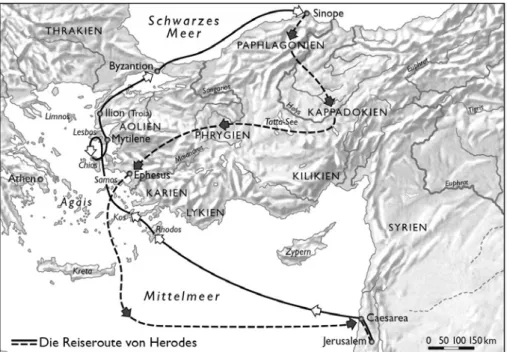 Abb. 3 Die Reiseroute des Herodes im Jahr 14 v. Chr. Karte: Peter Palm, © Verlag C.H. Beck 2012.