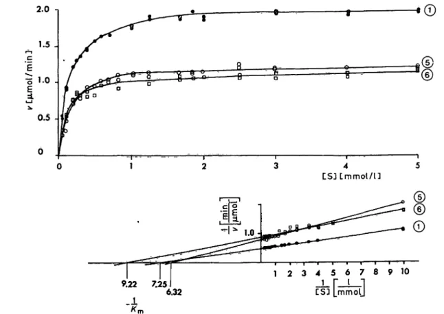 Fig. 4. Effect on aetivity of aminolaevulinate dehydratase of varying the concentration of 5-aminolaevulinic acid, in haemolysates ffom two individuals with decreased erythrocyte enzyme activity (© and ®) and from one person with normal activity of the enz