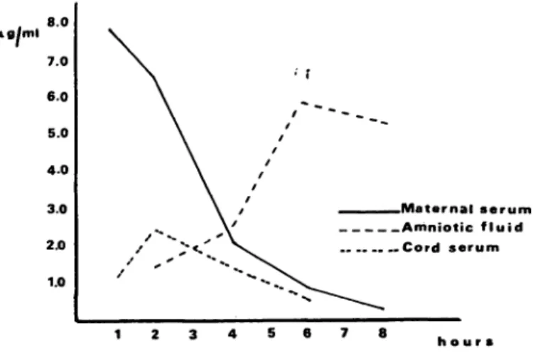 Fig. 1. Maternal serum, amniotic fluid and cord serum ampicillin concentration (Mg/ml) after one single  intra-muscular injection (500 mg).