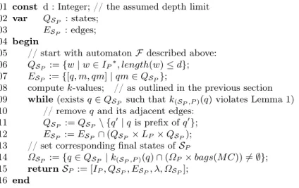 Fig. 7. The algorithm for constructing the strategy S P out of F by removing states violating Lemma 1.