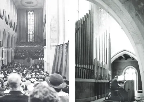 Abb. 64: Blick vom Chor zur Bühnenarchitektur im Bereich  der Orgelempore der Minoritenkirche bei der Brucknerfeier  am 6