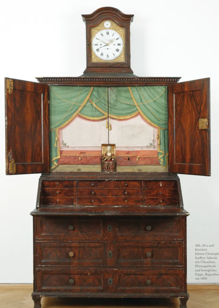 Abb. 68 a und  b(rechts):  Johann Christoph  Seyffert: Sekretär  mit Uhraufsatz,  Flötenspielwerk  und beweglicher  Puppe, Regensburg  um 1800