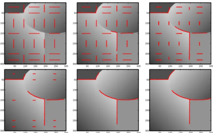 Fig. 10. Postprocessing segmentation with free endpoints. Original image and contours (far left, left, right) for m = 1, 100, 500 using ∆t = 0.008, σ = 3.3e − 5, λ = 0.0167 and denoised image (far right) for m = 500.