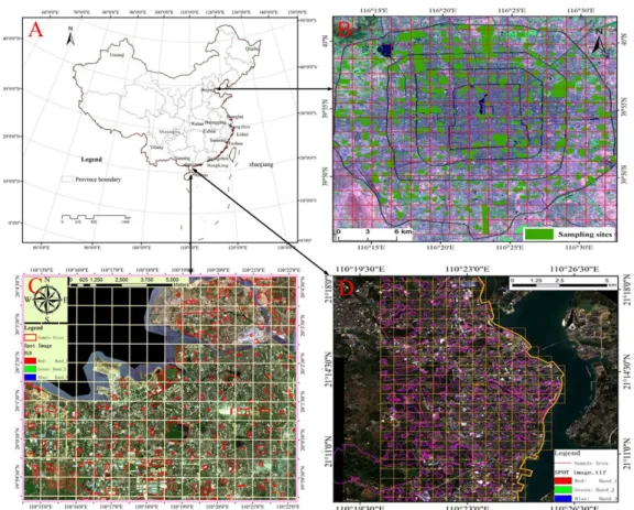 Figure 1. Satellite images showing the locations of the study sites (A) as well as the sampling area  within the cities of Beijing (B); cited from Wang et al