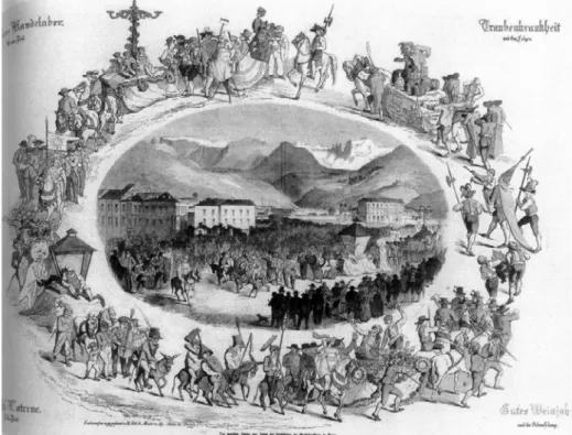 Abbildung 2: Der maskierte Festzug anlässlich der Einführung der Gasbeleuchtung in Bozen  1861