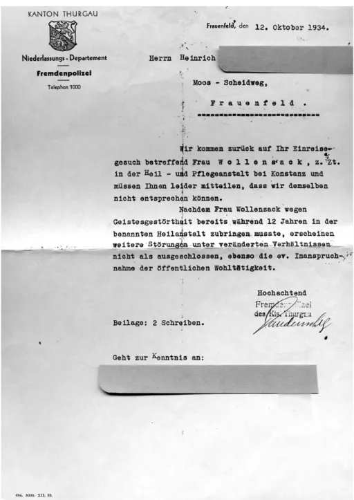 Abb. 3: Schreiben der Thurgauer Behörden vom 12. Oktober 1934, die es ablehnten, Elise  Wollensack zurück in die Schweiz zu lassen.