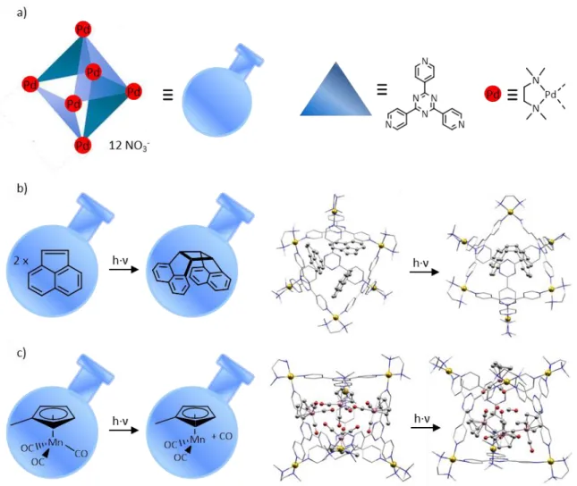 Abbildung 4:  a)  Schematische  Darstellung  der  chemischen  Struktur  des  oktaedrischen  Käfigs,  der  als  kristalliner  molekularer  Reaktionskolben  fungiert  b)  Links:  schematische  Darstellung  der  ablaufenden  Photodimerisierungsreaktion  von  