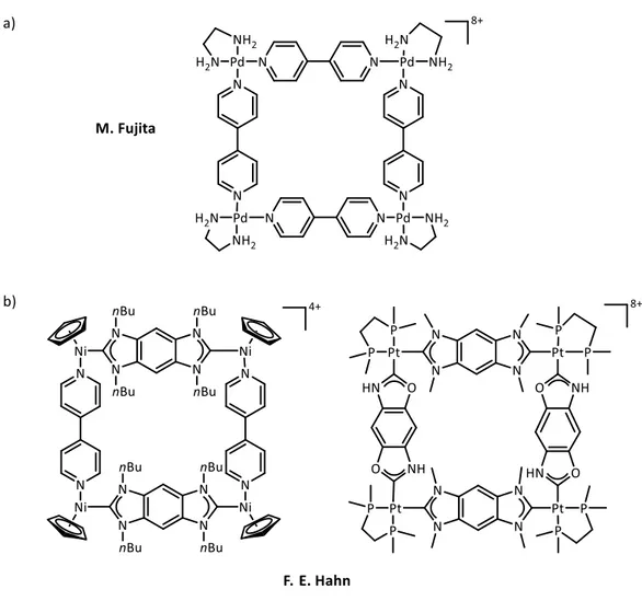 Abbildung 9: a) Beispiele anorganisch-organischer Hybridverbindungen: Molekulares Quadrat  dargestellt  aus  [Pd(en)(NO 3 ) 2 ]  und  4,4’-Bipyridin