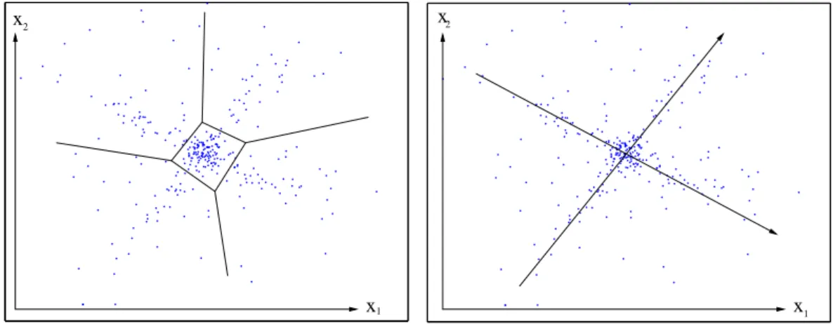 Figure 1.2: Clustering and linear factor model for multivariate data. The gene profiles are represented by points in an n-dimensional space