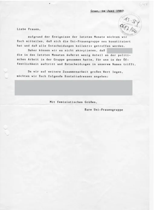 Abb. 1: Stellungname der neu konstituierten Uni-Frauengruppe (Elizabeth Kata; STICHWORT, G44 FR HA  der ÖH Uni Graz, Interna, Stellungnahme der UNI-Frauengruppe, Juni 1987).
