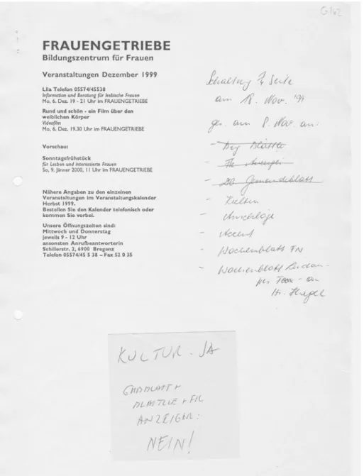 Abb. 3: Druckvorlage für ein Monatsprogramm des Vereins Frauengetriebe (Elizabeth Kata; STICHWORT,  G162 Frauengetriebe, Druckvorlage Monatsprogramm Dezember 1999).