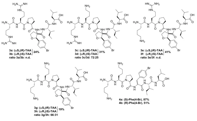 Figure 3. Structures and yields of synthesized hexapeptides 3ab-gh and compounds 4a and 4b
