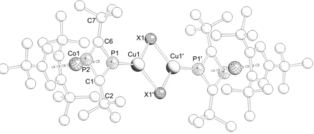 Abbildung 14:  Molekülstruktur von Verbindung 5 (X = Cl),  6 (X = Br) und 7 (X = I) (H-Atome werden aus  Gründen der Übersichtlichkeit weggelassen)