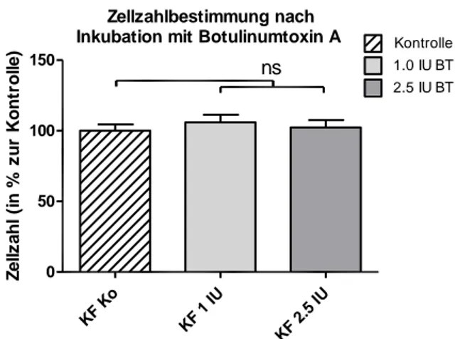 Abb.  23-30:  Zellproliferation  von  normalen  dermalen  Fibroblasten  (NHF)  und  der  einzelnen  Keloidfibroblasten  (KF)  A-H  mit  und  ohne  Inkubation  mit  Botulinumtoxin  A  (1.0  IU  und  2.5    IU  pro 4 ml NHF-Nährmedium) für 72 h bei Vergleich