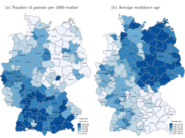 Figure 2.1: Workforce age and patent activity by labour market regions (1994-2008) (a) Number of patents per 1000 worker