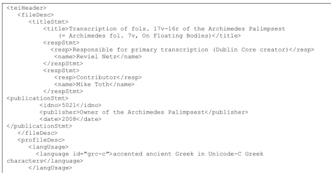 FIG 3. Sample Dublin Core Header Information in Encoded Transcription Headers. 