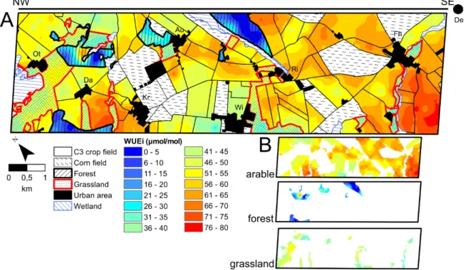 Fig. 2.2. Isoscapes (A) of intrinsic water use efficiency (WUE i ) for plants sampled from the three land-use  types using ordinary kriging