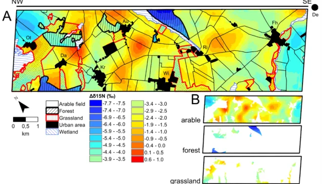 Fig. 2.4. Isoscapes (A) of Δδ 15 N (‰) for plants and soils sampled from the three land-use types using ordinary  kriging
