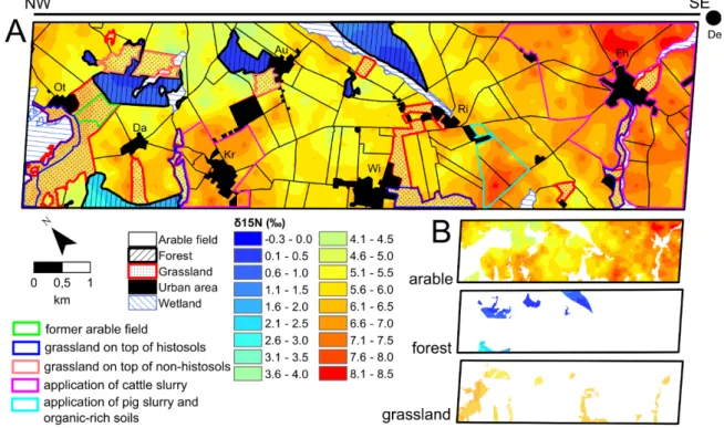 Fig. 2.5. Isoscapes (A) of δ 15 N (‰) for soils sampled from the three land-use types using ordinary kriging