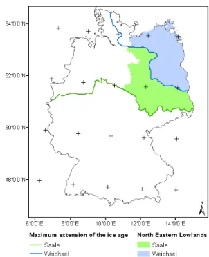 Figure 2.1-1: Location of the North-Eastern  German Lowlands and subdivision into the  different kind of landscapes and hydrological  regimes of the Saalian and Weichselian ice ages.