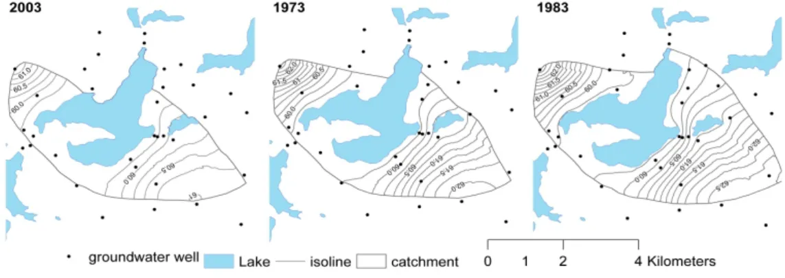 Figure 2.1-3: Interpolation of the average annual catchment according to the findings of Holzbecher  (2001) for three years with different precipitation condition: dry (2003); average (1973) and wet  (1983).
