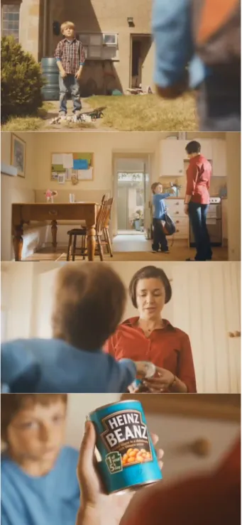 Abbildung 4 a–d: Screenshots (Dotzler) aus dem Werbespot „Heinz Beanz 5-a-day TV Advert “.