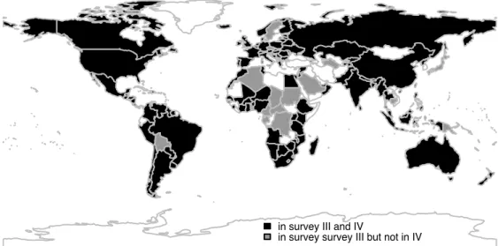 Figure 1 gives an impression of the Barth et al. (2013b) dataset coverage. Coun- Coun-tries marked in black are contained in the most recent surveys III and IV while those in grey are only contained in survey III