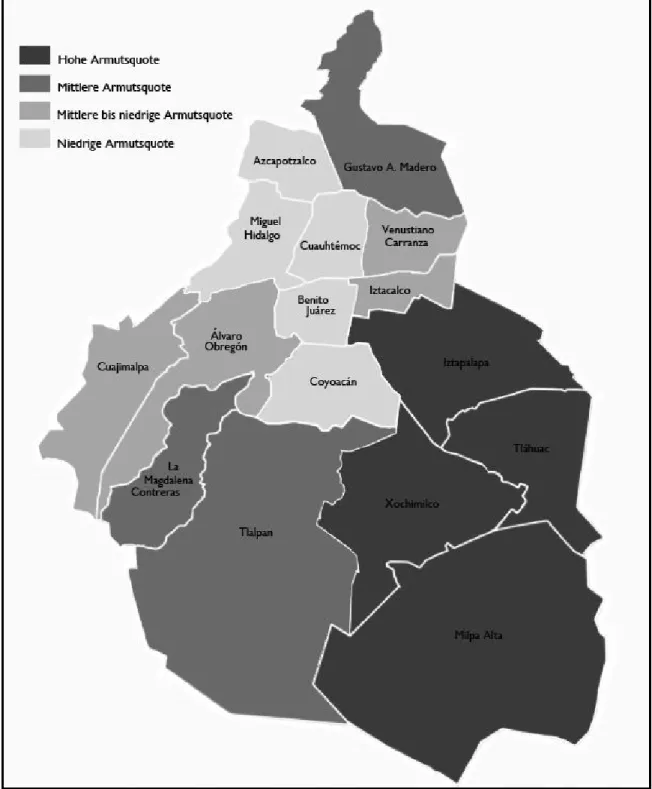 Abbildung 5.7: Nach Armutskategorien (MMIP- Methode) eingestufte Stadtbezirke  (im Spanischen ,Delegacionesʼ) des Bundesdistriktes, 2004 