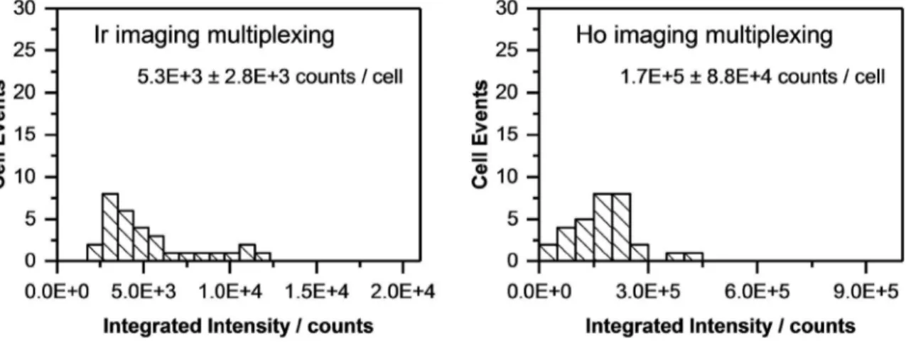 Figure 9 Histograms of Ir (left) and Ho (right) intensity per cell for multi-element imaging